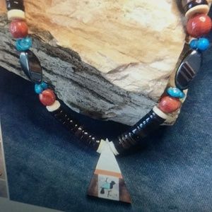 Native American Heishi Bead  Necklace w Bird Pendant